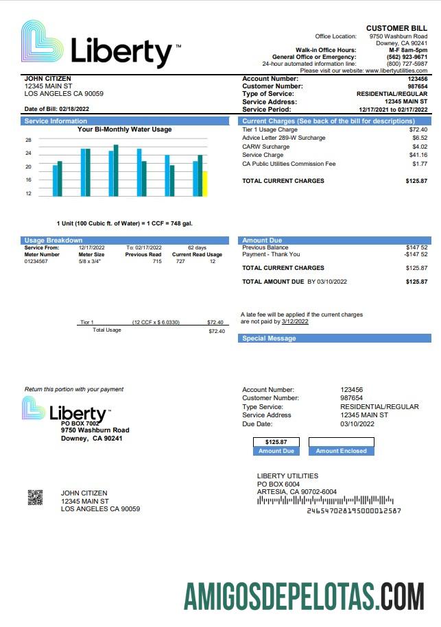 Em branco modelo de conta de serviços públicos dos EUA Califórnia Liberty Utilities em formato Word e PDF